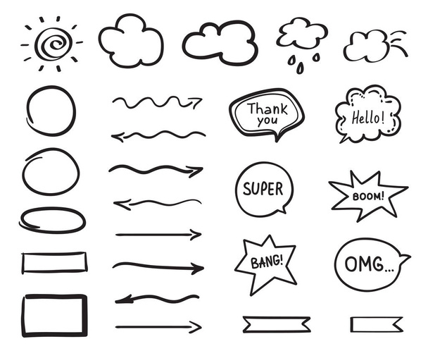 Handgetekende doodle. Verschillende objecten en geometrische vormen op wit. Eenvoudige schetsen. Zwart-wit illustratie. Levensmiddelen voor ontwerp - Vector, afbeelding