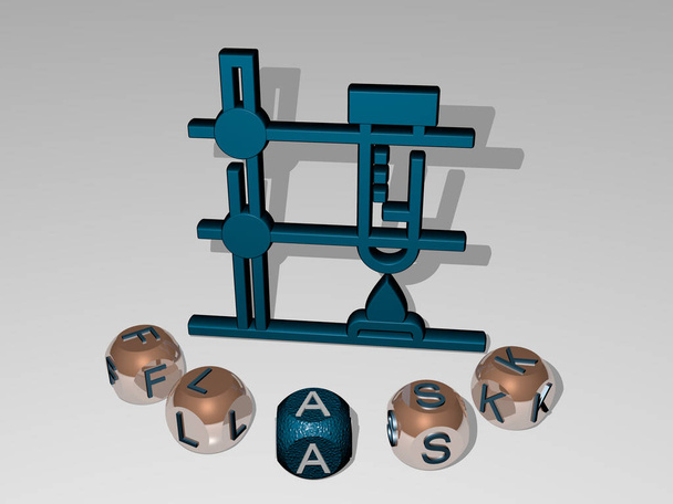 3D-Darstellung von Fläschchen mit Icon an der Wand und Text, angeordnet durch metallische kubische Buchstaben auf einem Spiegelboden für Konzeptbedeutung und Diashow-Präsentation. Illustration und Chemie - Foto, Bild