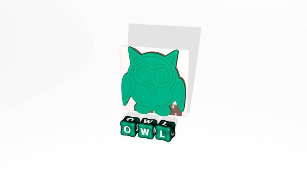3D представление OWL с иконкой на стене и текстом, упорядоченным металлическими кубическими буквами на зеркальном полу для представления концепции и слайд-шоу. иллюстрация и птица - Фото, изображение