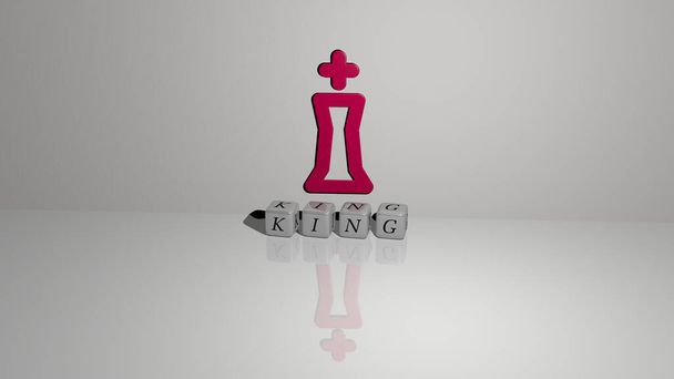 3D ztvárnění krále s ikonou na stěně a textem uspořádaným kovovými krychlovými písmeny na zrcadlové podlaze pro koncept významu a prezentaci slideshow. ilustrace a pozadí - Fotografie, Obrázek