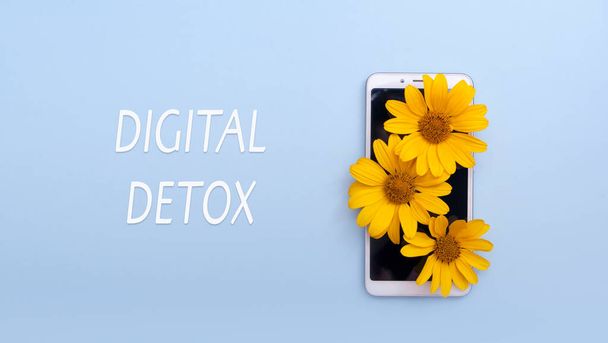 Digital detox concept with inscription. Yellow flowers on a smartphone with copy space. Nature instead of a gadget - Photo, Image