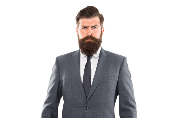 Elevate your daytime look with suit. Successful man in suit. Business man wear suit. Serious bearded man. Handsome hipster expensive clothes white background. Menswear concept. Fashion boutique - Фото, изображение