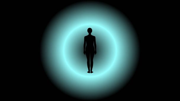 Αφηρημένη διανυσματική απεικόνιση ενός ανθρώπου που στέκεται μπροστά από το μυστηριώδες φως στο κατώφλι του άγνωστου - Διάνυσμα, εικόνα