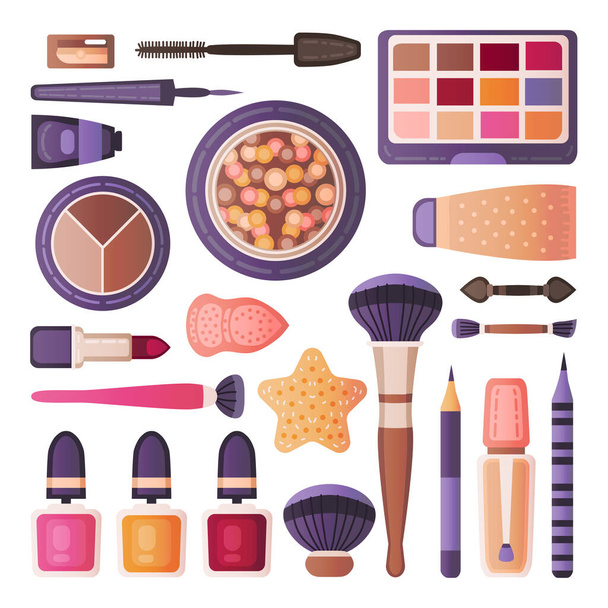 Conjunto de herramientas de maquillaje facial. Cosmética decorativa
 - Vector, Imagen