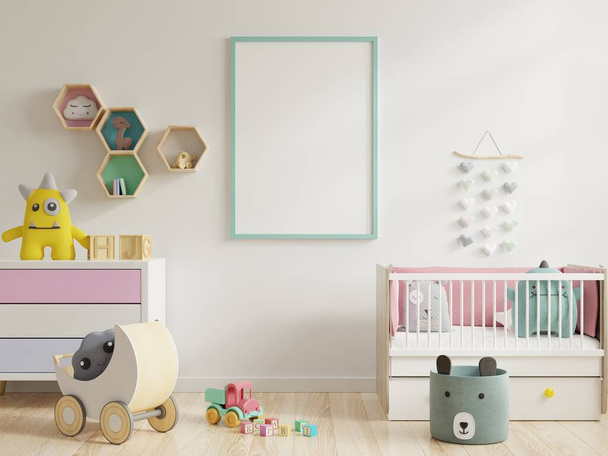 Çocuk odası, çocuk odası, çocuk odası, bebek odası modeli, beyaz duvar, 3 boyutlu tasarım. - Fotoğraf, Görsel