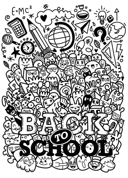 Concepto de educación. Fondo escolar con útiles escolares dibujados a mano y burbuja de habla cómica con letras Back to School en estilo de arte pop
 - Vector, imagen