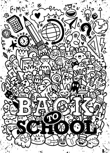 Bildungskonzept. Schulhintergrund mit handgezeichneten Schulmaterialien und Comic-Sprechblase mit Back to School Schriftzug im Pop-Art-Stil - Vektor, Bild