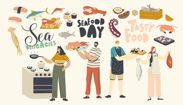 Οι άνθρωποι μαγειρεύουν θαλασσινά Concept. Αρσενικοί και γυναικείοι χαρακτήρες προετοιμάζουν λιχουδιές Ψάρια, καβούρια και χταπόδια με καλαμάρι, γαρίδες - Διάνυσμα, εικόνα