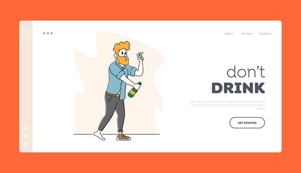 Alcoholism Landing Page Template. Drunk Sleazy Man in One Shoe and Sloppy Clothes Alcohol and Smoking Addiction, Abuse - Vector, Image