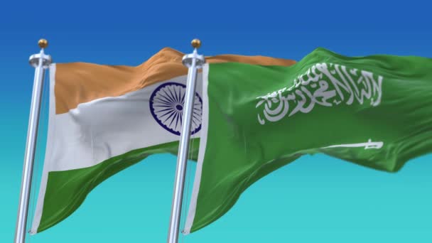 4k bezešvé Indie a Saúdská Arábie vlajky s modrým nebem pozadí, JP, IND. - Záběry, video