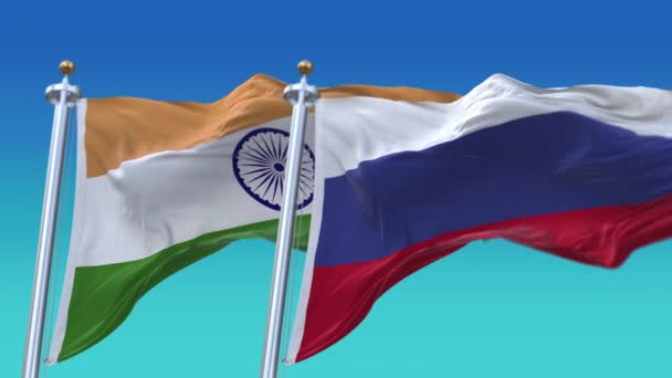 4k Naadloze India en Rusland Vlaggen met blauwe lucht achtergrond, JP, IND. - Video