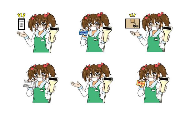 Japán lány dolgozik részmunkaidőben egy vegyesboltban (Viseljen maszkot) - Vektor, kép