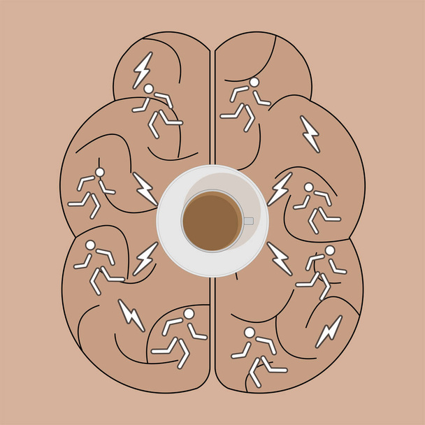 De bliksemschicht en het rennende pictogram van de mens op hersenachtergrond tonen nerveuze activiteit. Afbeelding van cafeïne-effect. Vectorillustratie. - Vector, afbeelding