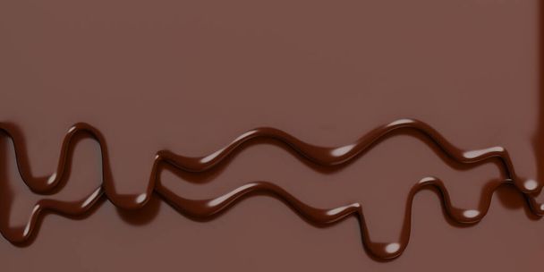 Растаянное молоко коричневый шоколад течет вниз на коричневый баннер Фон с копировальным пространством., 3D модель и иллюстрация. - Фото, изображение