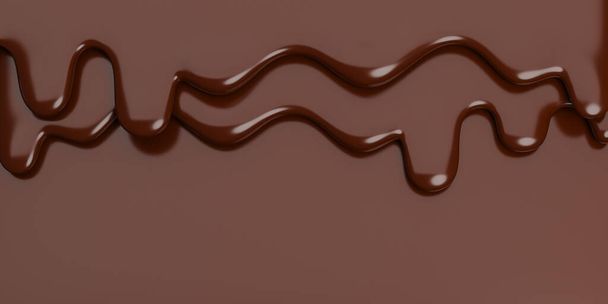 Stopione mleko brązowa czekolada przepływu w dół na brązowym banerze Tło z miejsca kopiowania., 3d modelu i ilustracji. - Zdjęcie, obraz