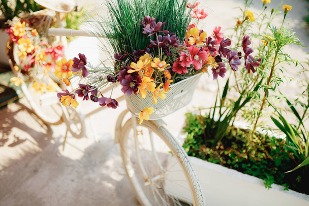 Gros plan du panier avant de vélo décoratif avec des fleurs sauvages et des herbes sur fond blanc - Photo, image