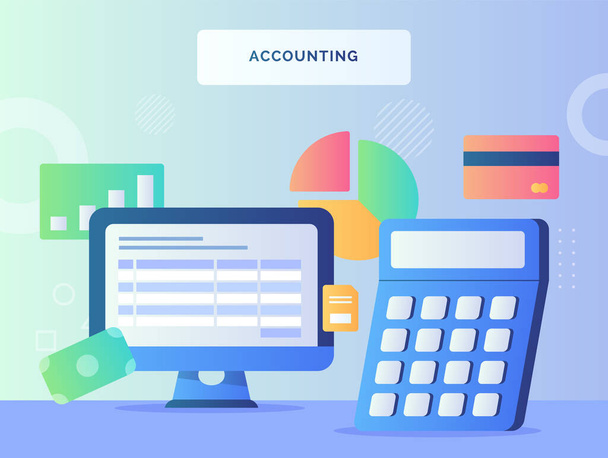 Computer nearby calculator background of money pie chart card bank accounting concept with flat style vector design - Vector, Image