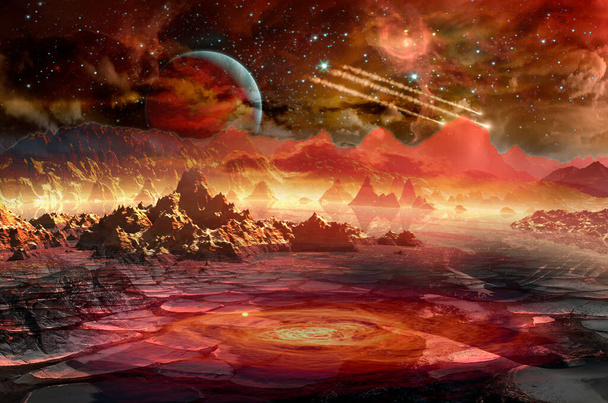 Statek kosmiczny w przestrzeni nad czerwoną planetą w odległym układzie słonecznym. Elementy tego obrazu dostarczone przez NASA. - Zdjęcie, obraz