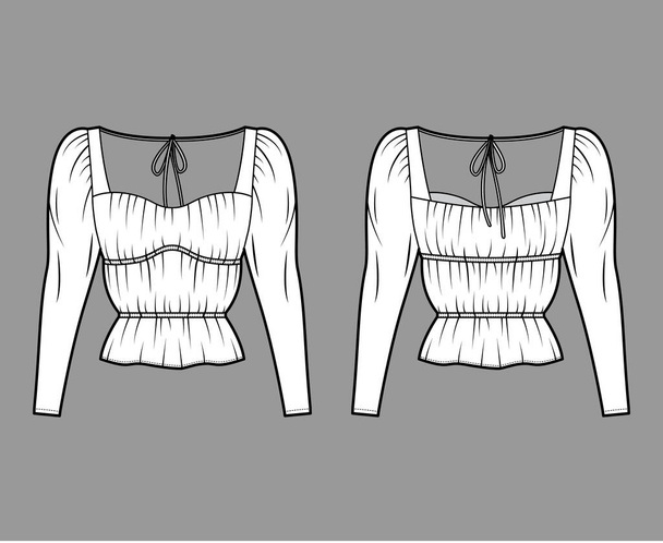 Shirt technische mode illustratie met oversized body, verborgen knoopsluiting langs de voorkant, delicate ruches - Vector, afbeelding