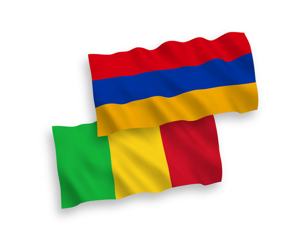 Narodowe flagi wektorowe fal tkanin Mali i Armenii odizolowane na białym tle. Proporcja 1 do 2. - Wektor, obraz