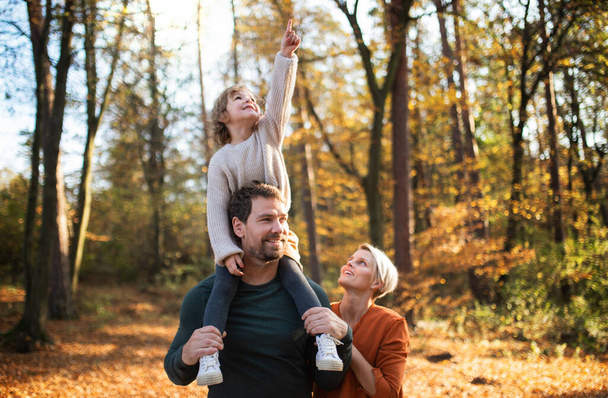 Beautiful young family with small daughter on a walk in autumn forest. - Valokuva, kuva