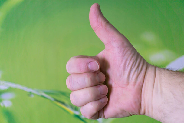 Man holds the thumb up, green background and copy space - Photo, Image