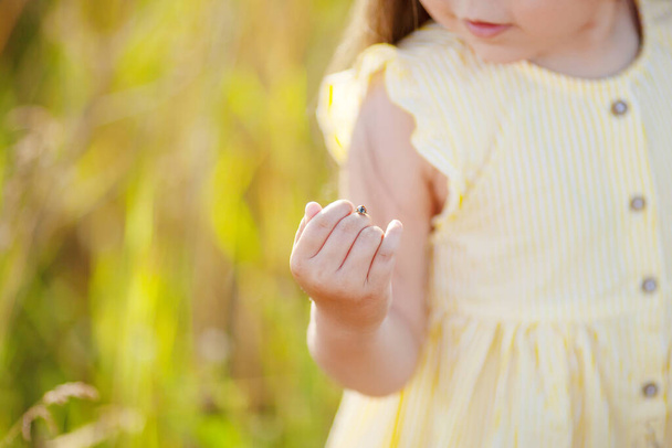 Cute little girl having ladybug on her hand. Close-up view of little girl wearing headband playing with ladybug in nature. Close up photo. Copy space - Фото, зображення