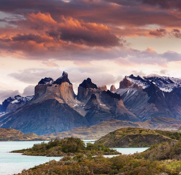 Beautiful mountain landscapes in Torres Del Paine National Park, Chile. World famous hiking region. - Photo, Image