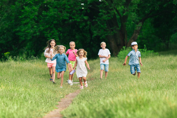 Kids, children running on meadow in summers sunlight - Foto, Bild