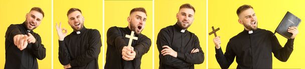 Красивый молодой священник на цветном фоне - Фото, изображение