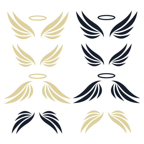 Elegant angel golden flying wings on black background. Flying angel with wing feather, golden linear winged - Vector, Image