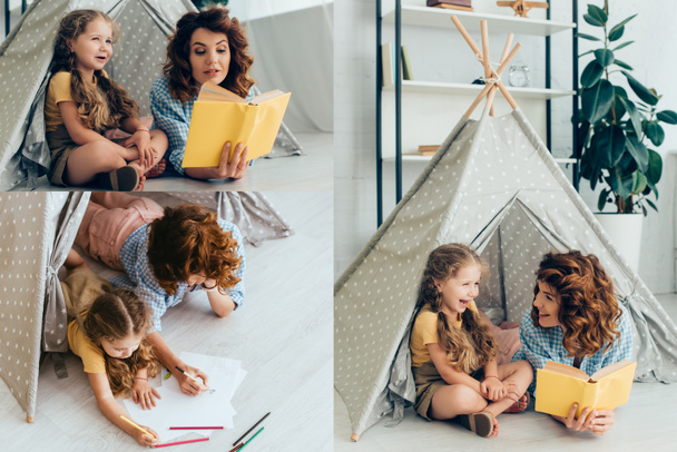 collage of happy nanny and kid reading book and drawing in toy wigwam - Photo, Image