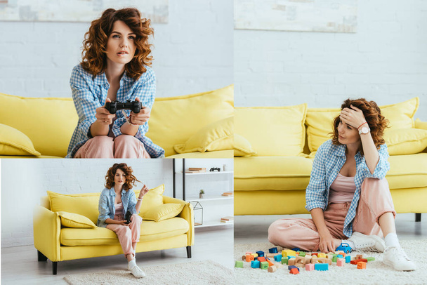 KYIV, UKRAINE - JUNE 19, 2020: collage of young woman playing video game and sitting on floor near multicolored blocks - 写真・画像