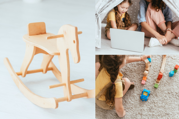 kollaasi keinuhevonen, lastenhoitaja ja lapsi käyttää kannettavaa tietokonetta lelu wigwam, ja lapsi leikkii monivärinen lohkot  - Valokuva, kuva