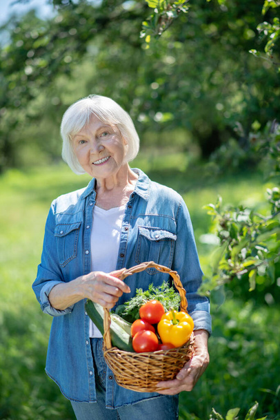Elderly woman gathering vegetables from her kitchen garden - Zdjęcie, obraz