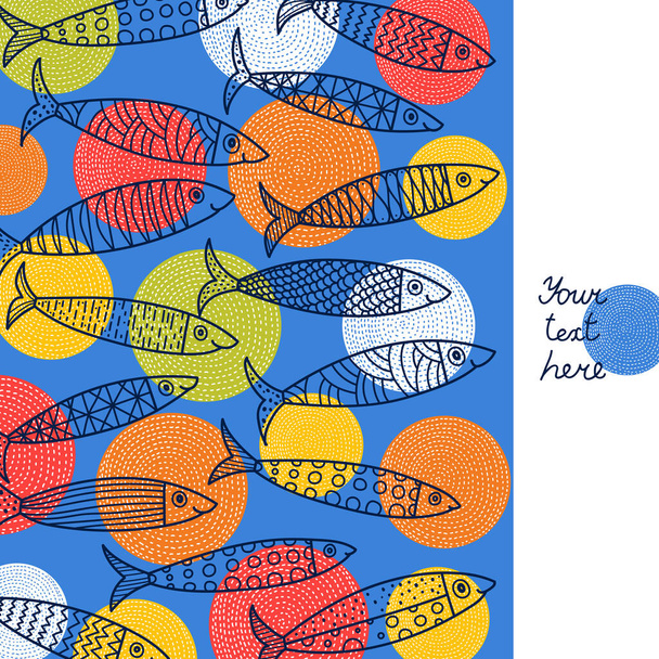 Ωραίες σαρδέλες Καρτ ποστάλ με βούλες ψαριού και πόλκα. - Διάνυσμα, εικόνα
