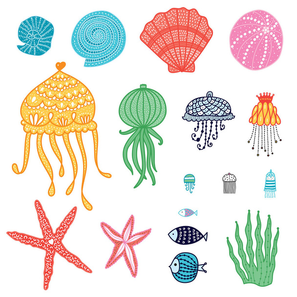  Симпатичный набор с медузами, моллюсками, рыбами, звездами и водорослями. - Вектор,изображение