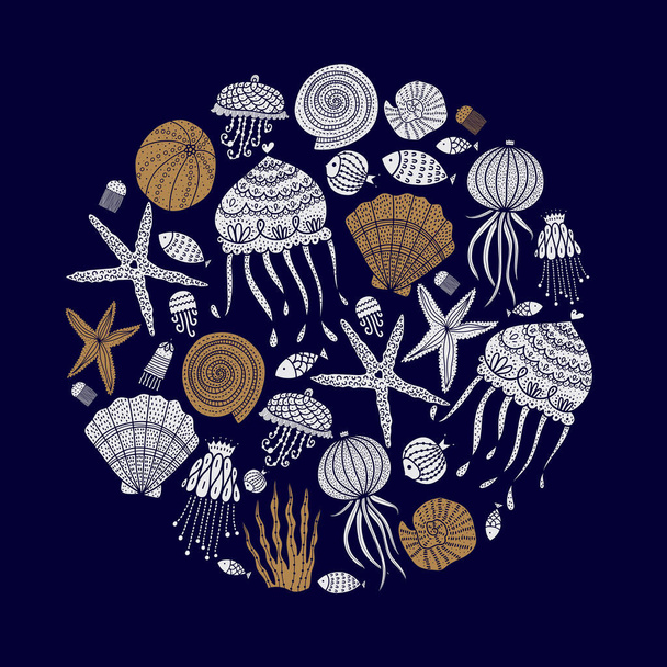 クラゲ、貝、魚、ヒトデ、藻類とかわいいシームレスなイラスト. - ベクター画像