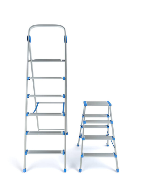 Two aluminum stepladders with different sizes on white background - Photo, Image