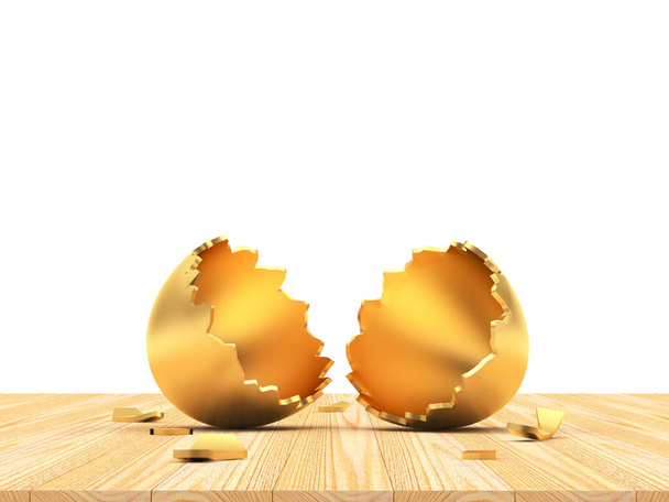 Σπασμένο κενό χρυσό πασχαλινό αυγό απομονωμένο σε λευκό φόντο  - Φωτογραφία, εικόνα
