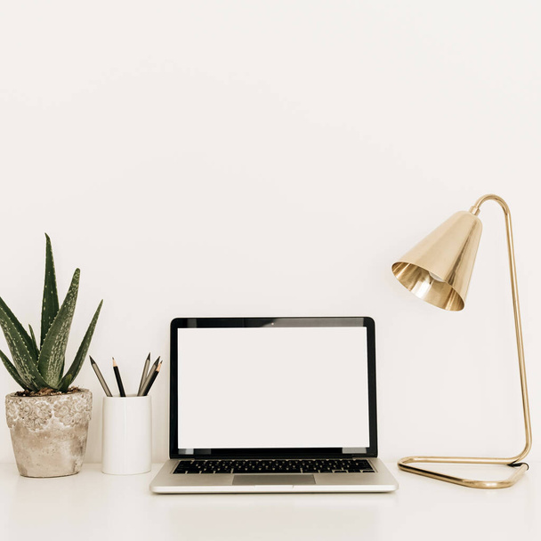 Laptop with blank copy space screen on white table with golden lamp and aloe plant. Minimal home office desk workspace with mockup template. Work at home concept. - Фото, изображение