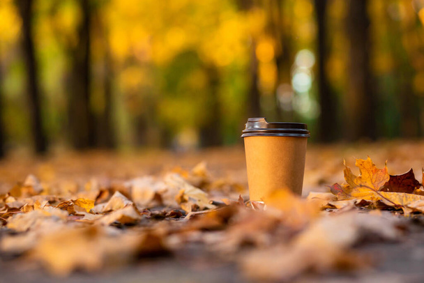 Walk with a cup of hot cocoa in the autumn park. Craft cup of coffee on the road with yellow fallen leaves. - Foto, afbeelding
