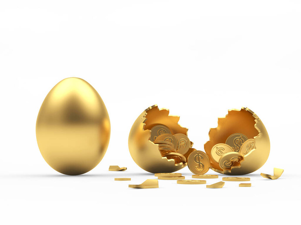Gouden ei en gebroken eierschaal met munten binnenin geïsoleerd op witte achtergrond. 3D illustratie - Foto, afbeelding