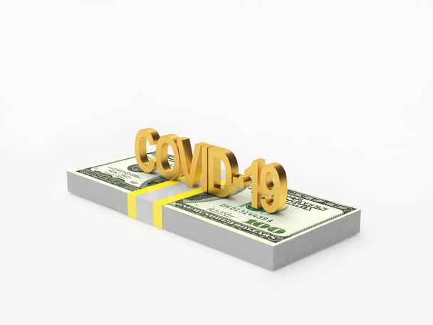 Χρυσή Covid-19 coronavirus σύμβολο σε δολάρια χαρτονομίσματα που απομονώνονται σε λευκό φόντο. 3D απεικόνιση - Φωτογραφία, εικόνα