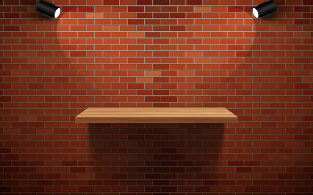 estante de madera y foco en la pared de ladrillo rojo - Vector, imagen