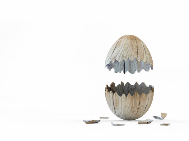 Dřevěný svislý zlomený velikonoční skořápka s prostorem pro text izolovaný na bílém pozadí. 3D ilustrace - Fotografie, Obrázek