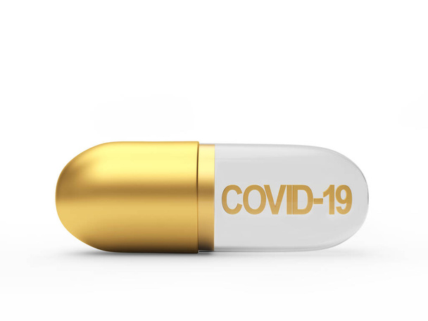 Gouden medische capsule met Covid-19 coronavirus pictogram geïsoleerd op witte achtergrond. 3D illustratie - Foto, afbeelding