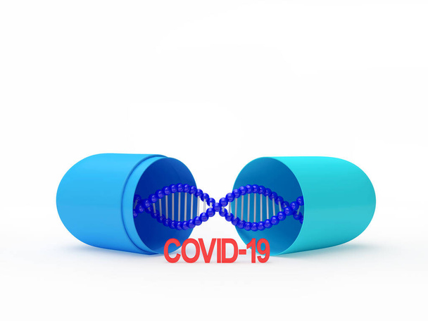Otwarta niebieska kapsułka medyczna ze strukturą cząsteczek DNA i ikoną Covid-19 wyizolowaną na białym tle. 3D ilustracja - Zdjęcie, obraz