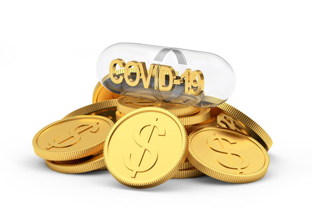 Cápsula médica transparente con el icono del coronavirus Covid-19 sobre una pila de monedas de oro con un signo de dólar aislado sobre fondo blanco. Ilustración 3D
 - Foto, imagen