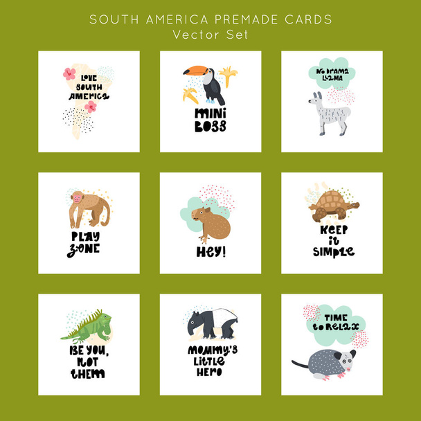 Cute premade vector cards set. Hand lettering quotes bundle with animals of South America illustrations. Positive  poster for your designs:t-shirts,bags,posters,merch. nursery, fabric. - Vector, Image